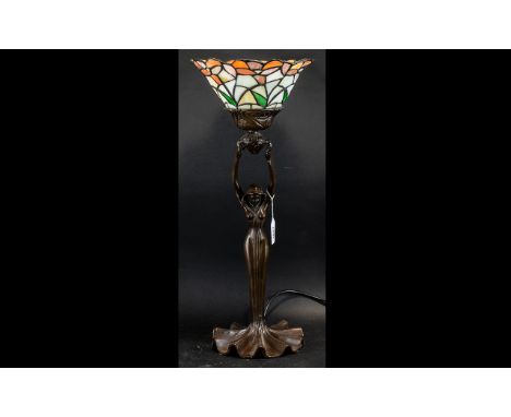 Tiffany Style Lamp. Tiffany Lamp In Art Deco Style, Impressive and Large Lamp, Art Deco Style, Lady Holding up Basket with Ti