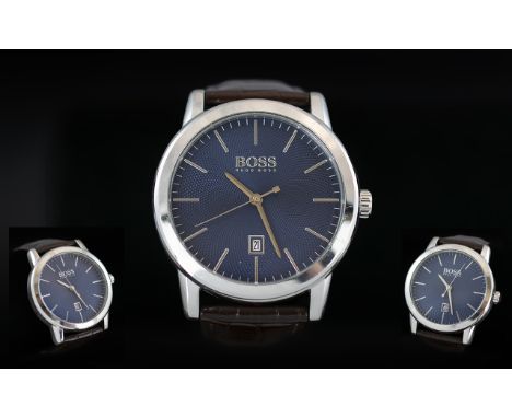 Hugo Boss Signed Gents Stainless Steel Date Just Wrist Watch, features blue dial, silver markers, seconds sweep and water res