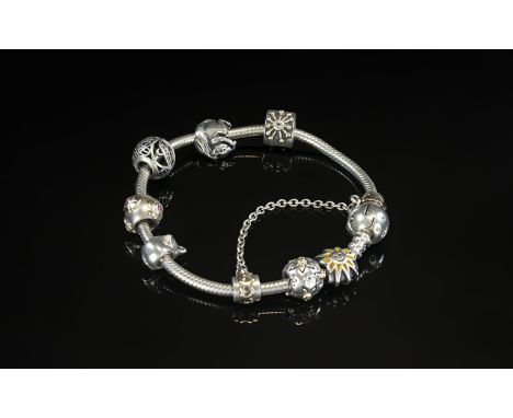 Pandora - Vintage Sterling Silver Charm Bracelet - Loaded with Eight Excellent Charms. Full Marks for Pandora. Includes Excel