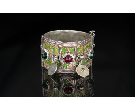 Old Philippines Hand Crafted 19th Century Stone Set Large and Decorative Silver Hinged Bangle with Pin Lock. 1.5 Inches - 3.7