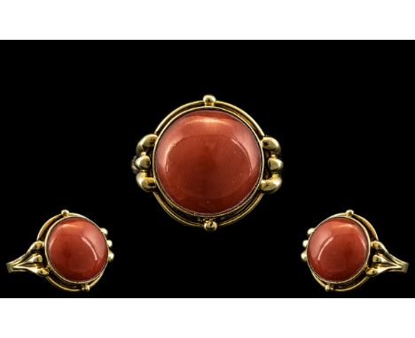 Ladies 14ct Gold and Pink Coral Mediterranean Cabochon Stone Ring. Stone of Good Size, Set In Lovely Design In 14ct, Marked 5