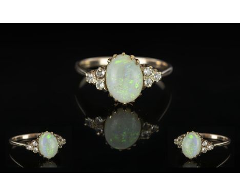 Ladies Gold Opal Ring. Gold Opal Dress Ring Set with 6 White Stones, Nice Pleasing Design, Hallmark Rubbed, Tests Gold. Ring 