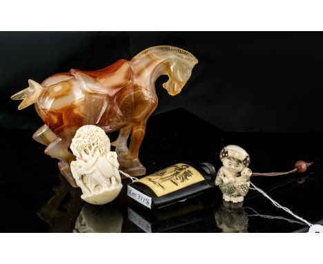Four Pieces Of Modern Oriental Ware, To Include An Agate Tang Horse, Snuff Bottle, Netsuke And Carved Okimono