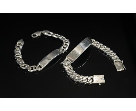 A Vintage Fine Pair of Sterling Silver I.D Bracelets - Curb Design. Both of Good Quality, Highly Polished and In Wonderful Co