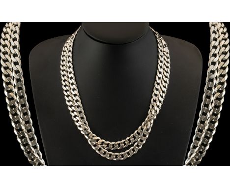 A Fine Pair of Solid and Heavy Sterling Silver Vintage Curb Design Necklaces. Both with Excellent Clasp and Both Marked 925 S