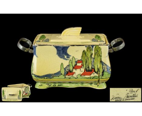 Art Deco Period - 1930's Twin Handle Hand Painted Large Rectangular Shaped Lidded Biscuit Jar ' Orange Roofs and Tall Trees '