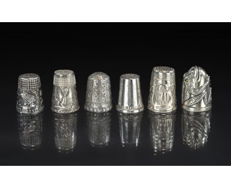 Excellent Collection of Antique and Vintage Sterling Silver Thimbles, six in total, various hallmarks and makers,  1/ 'Owl' t