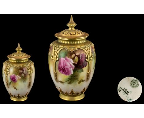 Royal Worcester Hand Painted Lidded Pot Pourri, Excellent Proportions ' Roses ' Stillife, Brushed Gold Borders. c.1911 &amp; 