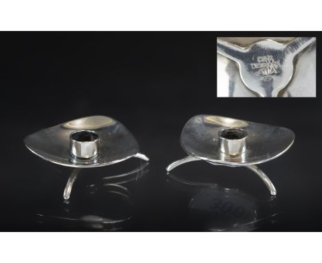 Carl M. Cohr ( Danish Silversmith ) Studio Art Signed Pair of Silver Plated Small Candlesticks. Each Raised on Tripod Feet. c