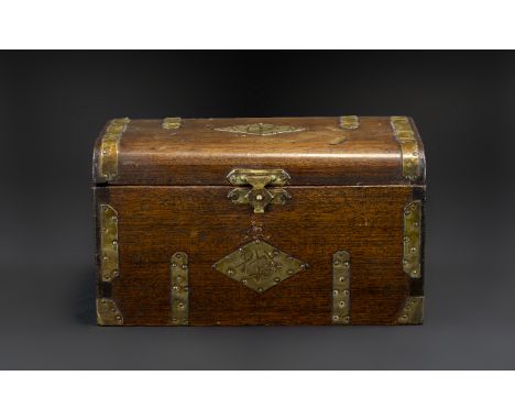 Antique Lead Lined Tea Caddy, with brass straps and latch.  Measures 6.5" wide x 3.5" high.