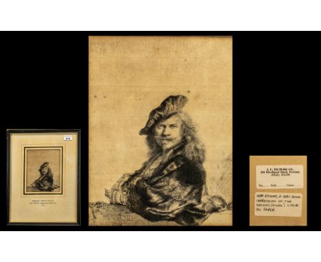 Antique Print ( Rembrandt Harmensz Van Rijn ) Self Portrait Print. Leaning on a Stone Sill, Dated 1639. Label to Verso Reads 