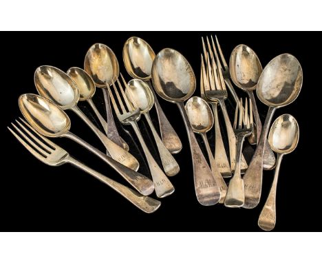 Victorian Period Seventeen Piece Part Set of Sterling Silver Flatware comprising two tablespoons, five dessert spoons, six me