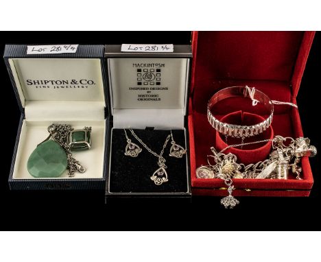 A Small Mixed Collection of Silver Jewellery to include a charm bracelet loaded with 12 charms, a necklace and earring set wi