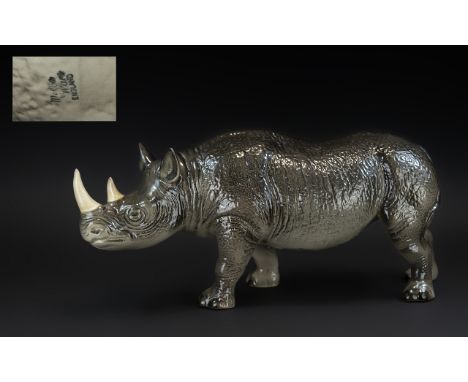 Rhinoceros: Large Well Modelled Pottery Beast, with fine detailing, marked Melba Ware, England; mid 20thC, perfect condition,
