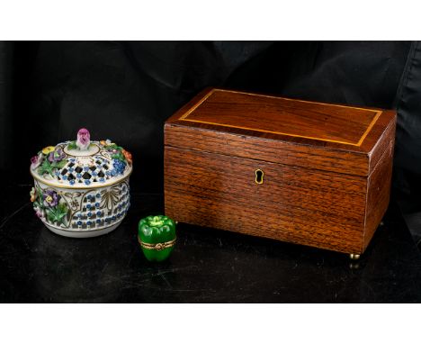 A Mahogany Tea Caddy twin compartments of typical form, Together with a Dresden pot and cover and a Limoges hinged pot in the