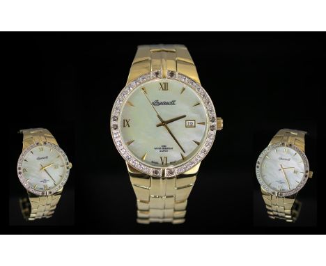 Ingersoll ( Gems ) Gents Gold on Steel Quartz Wrist Watch with Diamond Set Bezel, Set with 24 Diamonds, Pearl Dial, Date Disp