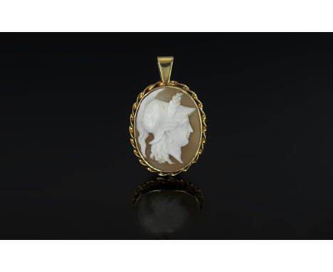 Ladies - Excellent Quality 9ct Gold Mounted Shell Cameo Pendant of Oval Form, Depicts a Side View Portrait of a Young Lady We