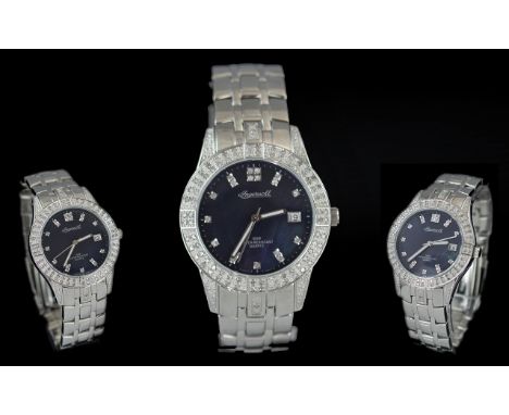 Ingersoll - Swiss Made Diamond Set Heavy Stainless Steel Gents - Quartz Wrist Watch. Features Diamond Set Bezel, Over 1.00 ct
