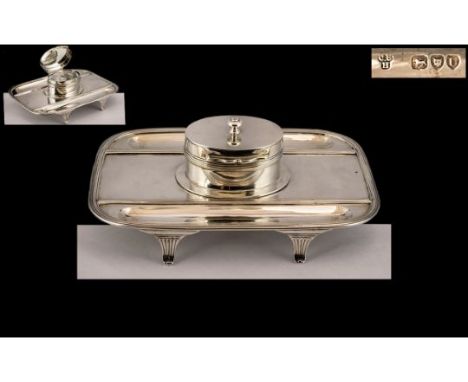 Victorian Period Superb Quality Sterling Silver Ladies or Gentleman's Desk Inkwell and Stand - Complete with Large Glass Well