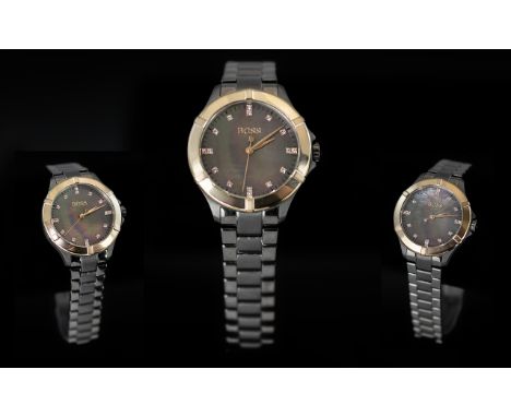 Hugo Boss Signed Superb Ladies Black and Gold Toned Stainless Steel Fashion Wrist Watch, features diamond set markers on a bl