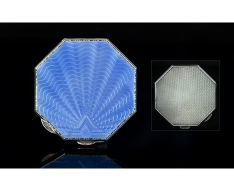 Art Deco Period Superb Quality Sterling Silver Engine Turned Blue Enamel Octagonal Shaped Compact. In Nr Mint Condition. Hall