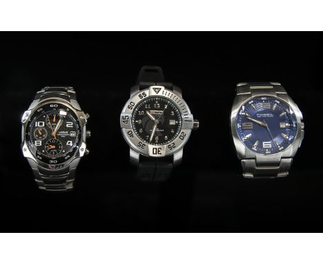 A Fine Trio of Gents Stainless Steel Wrist Watches - All In Mint Condition / Working at time of Cataloging. Comprises 1/ Foss