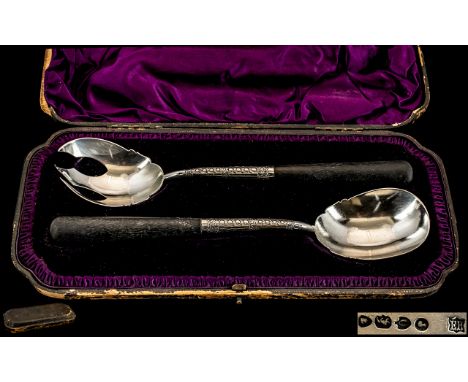 Victorian Period Pair of Sterling Silver Salad Servers with Black Ebony Handles. Hallmark London 1889, Maker Mark E.H ( Edwar