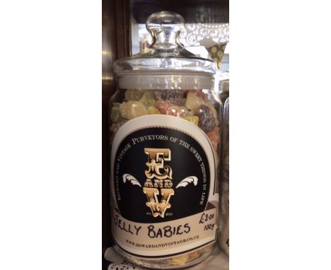 Vintage style sweet jar from Edward and vintage sweet shop, Tissington.One full jar containing Jelly Babies,  jar 2.5 litre w