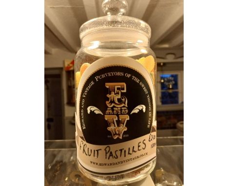 Vintage style sweet jar from Edward and vintage sweet shop, Tissington.One full jar containing Fruit Pastilles, 2.5 litre gla