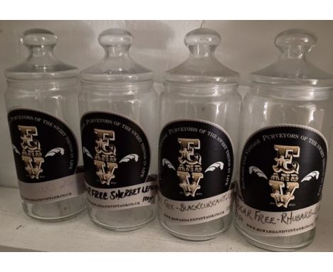 Four medium vintage style sweet jars with labels and lids, 1.5 litre (Sweets not included).