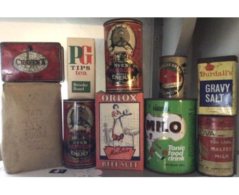 Vintage original shop packaging to include full Tate and Lyle bag of sugar, full PG Tipps Tea, empty Orlox and seven empty ti