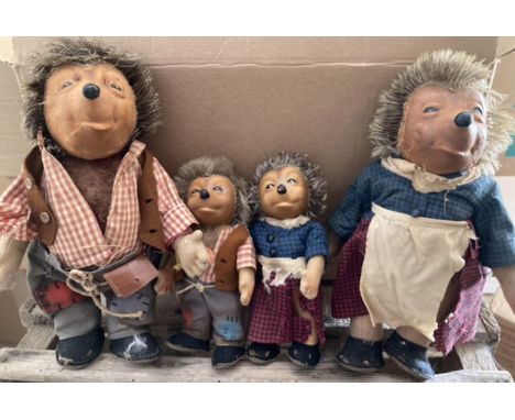 Vintage Steiff family of Hedgehogs, Micki, Mecki, Macki, Mucki, one with original Steiff Tag; along with 21 inch Shop display