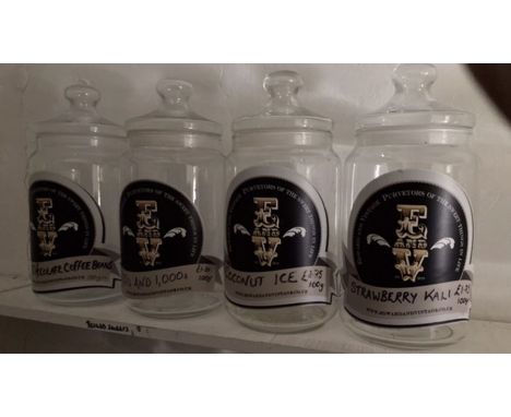 Four vintage style sweet jars with labels and lids. (Sweets not included).