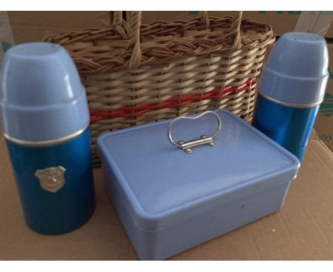 Vintage child’s Cosy Kevin picnic basket with sandwich box and two flasksplease study all pictures . 