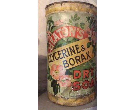 Vintage large shop display container for Heaton’s Dry Soap. 16 inches tall. Some damage to one side. Please study pictures.