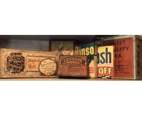 **PLEASE NOTE EDWARDS TIN NOT IN THIS LOT**Vintage tins and packets to include wooden tea container, full packs of Flash and 