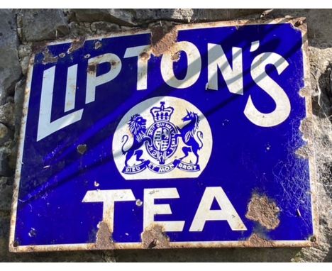 Enamel sign: original Lipton’s Tea sign, measuring 16 x 13 inches. Usual damage, chipped enamel, rust but still retains good 
