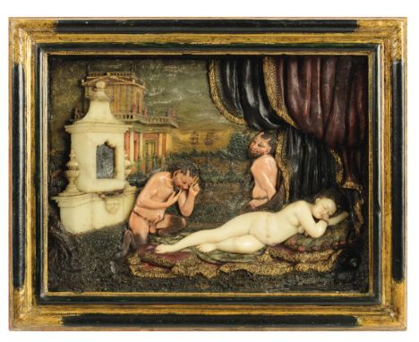 Antiope e due satiri, Anna MAria Braun (1642 -1713) (attribuito a),  Rilievo in cera policroma in cornice originale laccata e