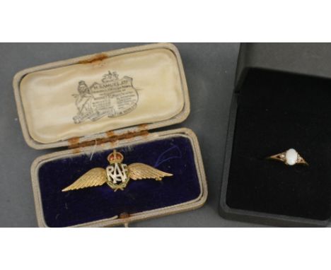 A 9ct Gold and Enamel RAF Brooch, together with a 9ct gold opal and diamond set ring