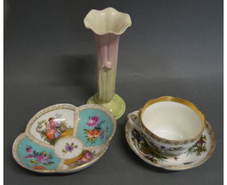 A Royal Worcester Spill Vase in the form of a Lily, together with a Dresden cup and saucer and a similar Dresden porcelain di