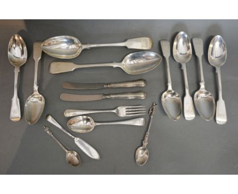 A Pair of Victorian Silver Fiddle Pattern Table Spoons, together with a similar set of four dessert spoons and a small collec