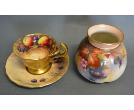 A Royal Worcester Cup and Saucer, hand painted with fruit and signed W.H. Austin (a/f) together with a Royal Worcester squat 