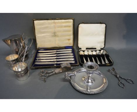 A Set of Six Silver Handled Tea Knives, together with various other items of silver plate to include a chamber candlestick, a
