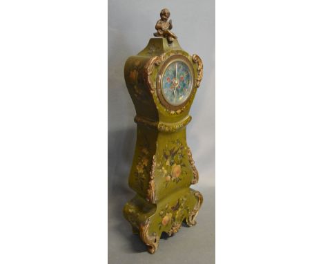 Archibald Knox for Liberty & Co. An Enamel Clock Face and Movement, mounted within a miniature lacquered long case with ormol