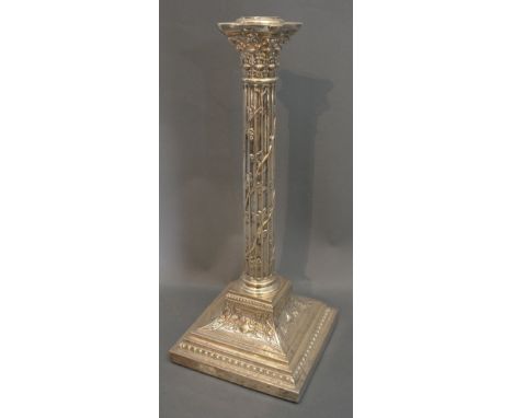 An Edwardian Silver Lamp Base of Corinthian Form with Vine upon a square stepped base, Sheffield 1908, 33 cms tall