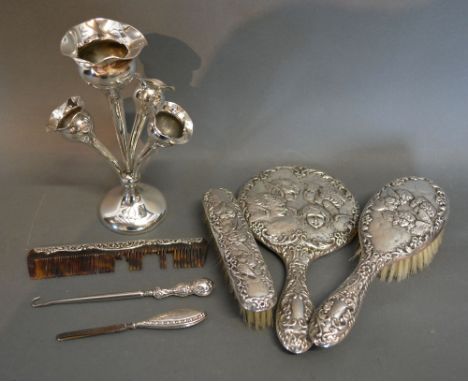 A Birmingham Silver Epergne, together with a three piece silver backed dressing table set with whispers decoration, a similar