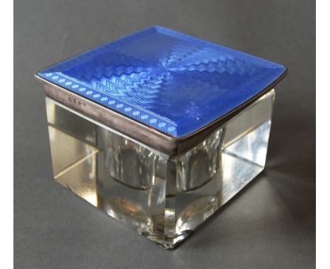 A Blue Enamel and Heavy Glass Inkwell of Square Form