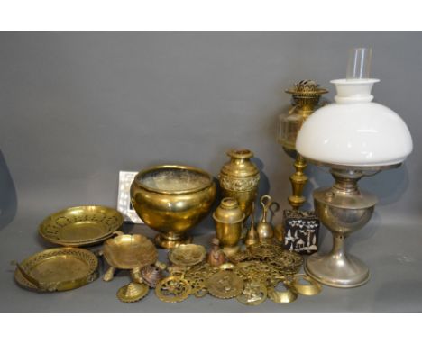 A 19th Century Brass and Cut Glass Oil Lamp, together with a collection of other metal wares, to include horse brasses