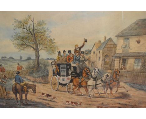 Henry Alken, 1785 - 1850, EnglandCOACHING SCENE WITH FIGURES ON A COACH AND FIGURES ON HORSEBACK WITH HUNTING HOUNDSWatercolo