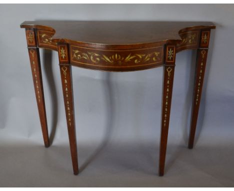 A Mahogany Sheraton Style Console Table, the crossbanded top above a painted frieze raised upon similarly painted square tape